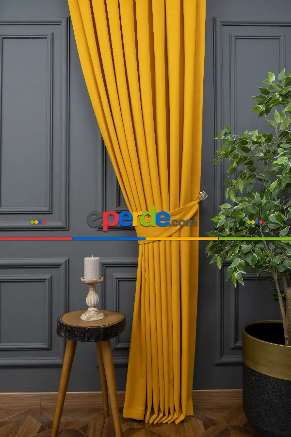 Salon - Sarı Rengi Düz Fon Perde Dökümlü Fon Perde