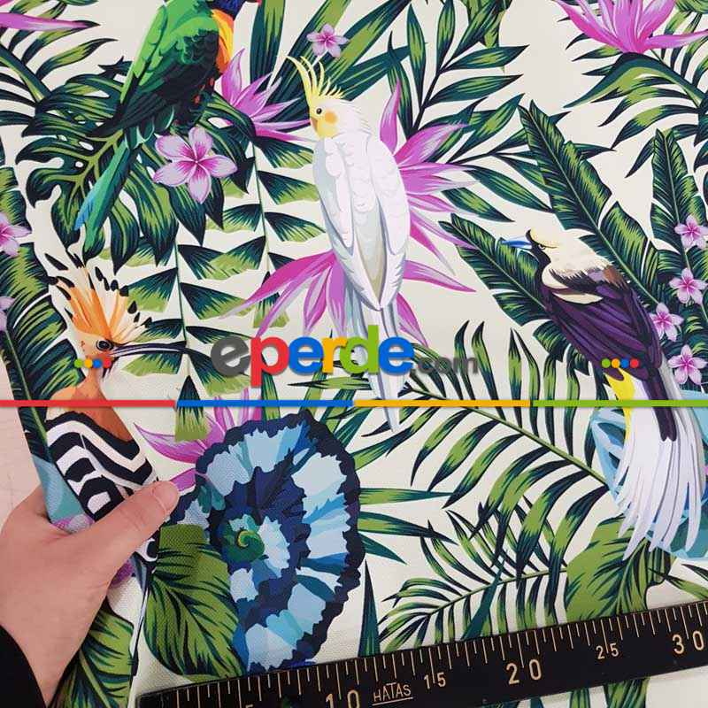 Papağan Ve Tropikal Desenli Fon Perde Evm1093 Kumaşı Kalındır Duck Bezi Değildir- Yeşil-Beyaz