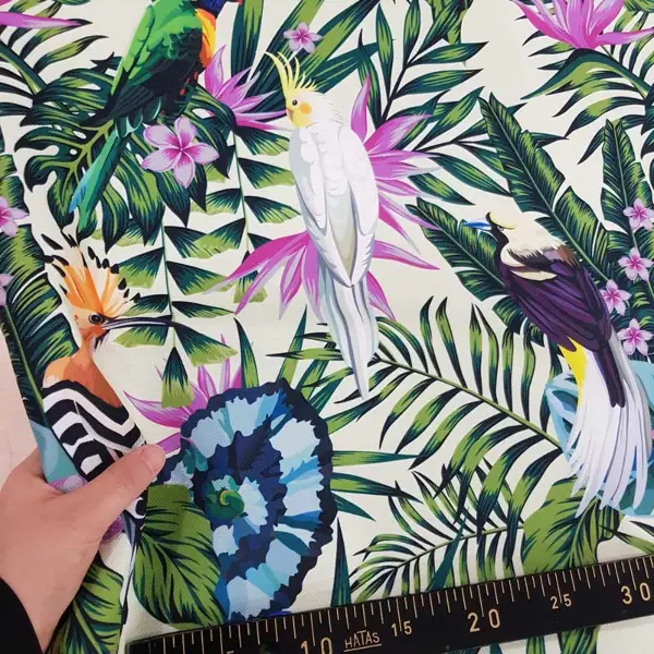 Papağan Ve Tropikal Desenli Fon Perde Evm1093 Kumaşı Kalındır Duck Bezi Değildir- Yeşil-Beyaz