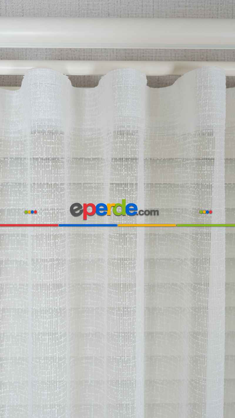 Ekru Çizgili Bantlı Keten Şantuk Tül Perde, Ağır Gramajlı Premium Seri