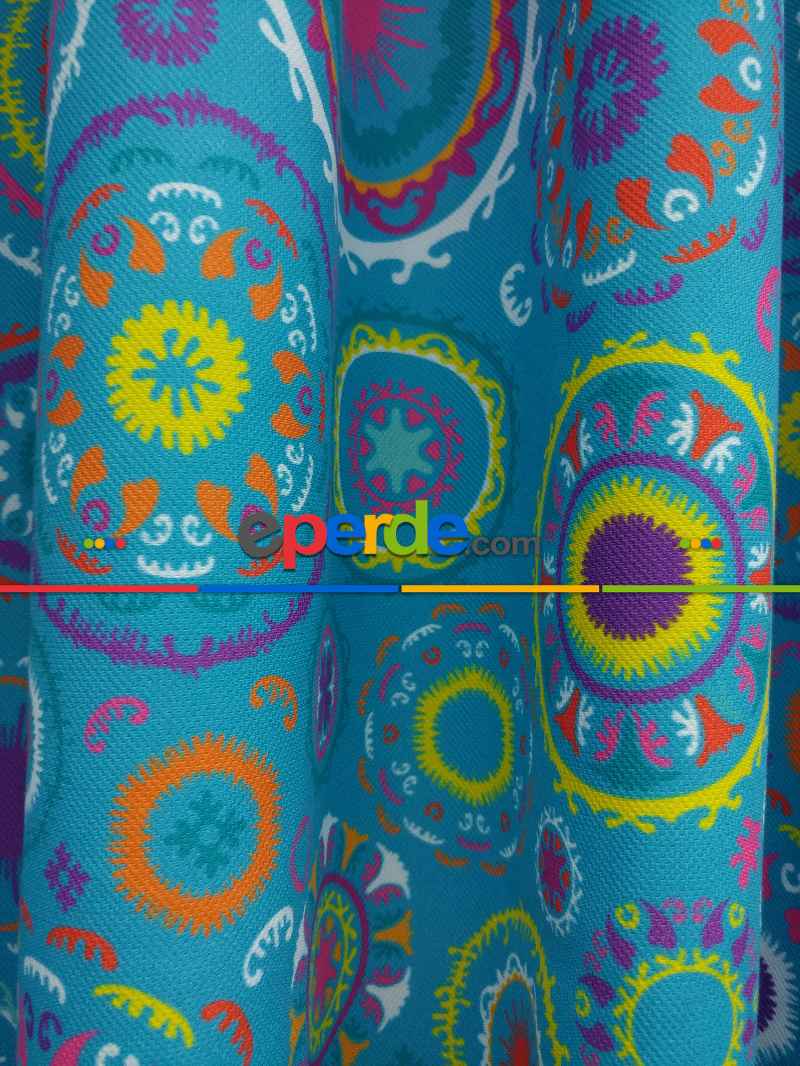 Osmanlı Mutfak Perdesi Kanat Fon Perde Desenli- Mavi