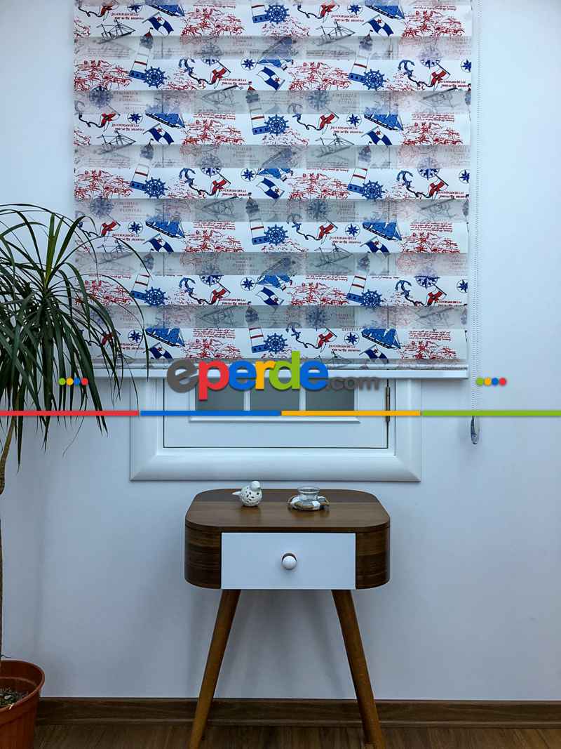 Çocuk Odası - Zebra Perde - Gemi Baskılı- Mavi