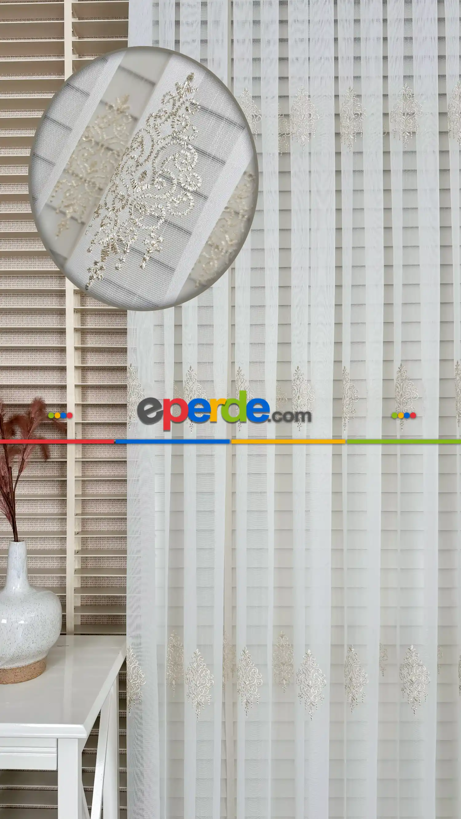 Ekru Altın Özel Dokuma, Özel İplik Brode İşlemeli Tül Perde - Ağır Gramajlı Premium Nakışlı