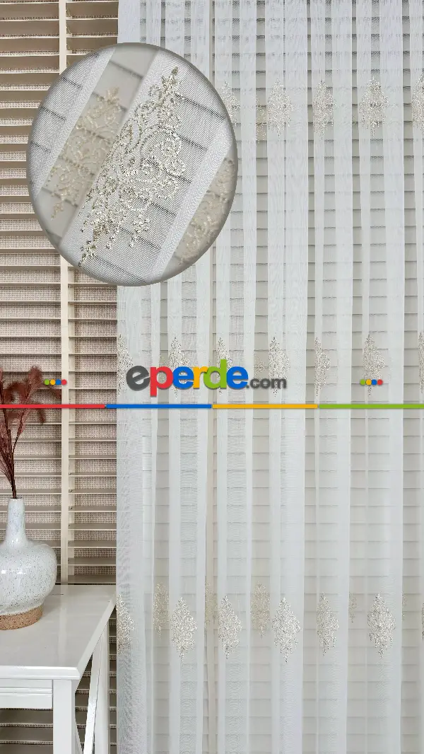 Ekru Altın Özel Dokuma, Özel İplik Brode İşlemeli Tül Perde - Ağır Gramajlı Premium Nakışlı