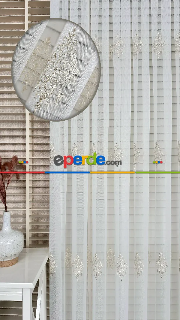 Ekru Altın Özel Dokuma, Özel İplik Brode İşlemeli Tül Perde - Ağır Gramajlı Premium Nakışlı