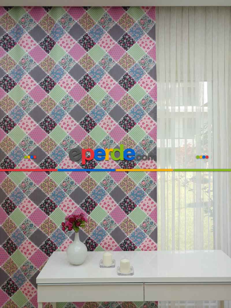Patchwork Desenli Bebek Ve Çocuk Odası Fon Perde Modelleri- Beyaz-Pembe-Mor