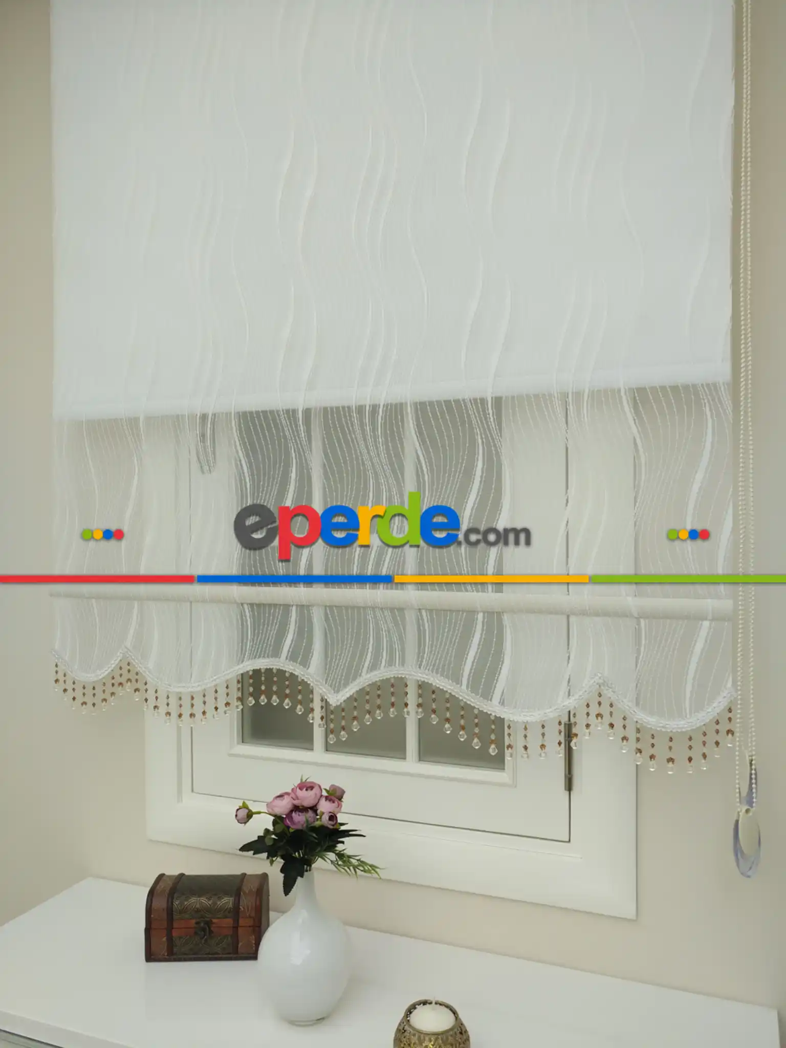 Yatak Odası - Stor Perde - Çiftli Sistem Tül Ve Stor Perde - Su Yolu Desen- Krem Açık-ekru