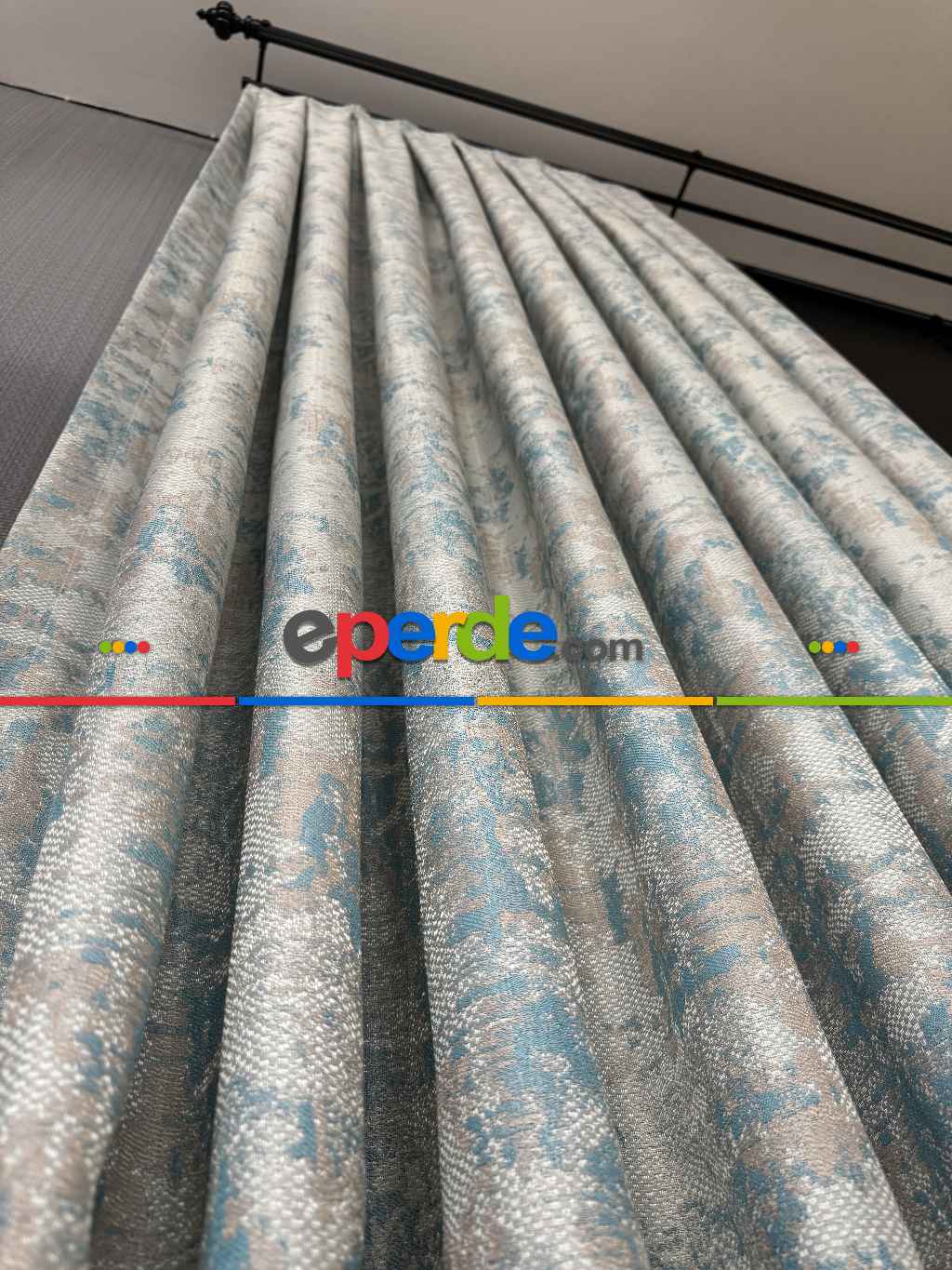 Patine Desenli Desenli Jakar Fon Perde (285 En) Turkuaz - Kahve Ve Krem Renklerinde