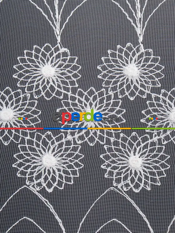 Şeritli Papatya Nakış İşlemeli Brode Tül Perde