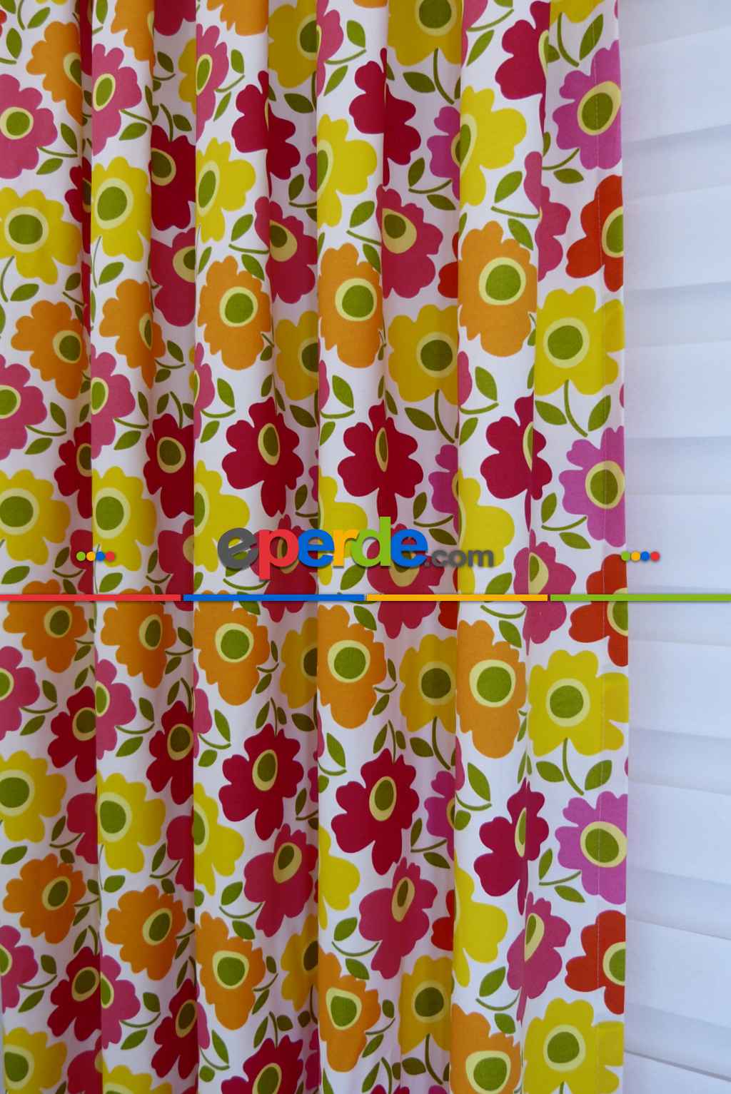 Çiçekli Fon Perde Desenli 15816-2- Sarı-Turuncu-Kırmızı Koyu