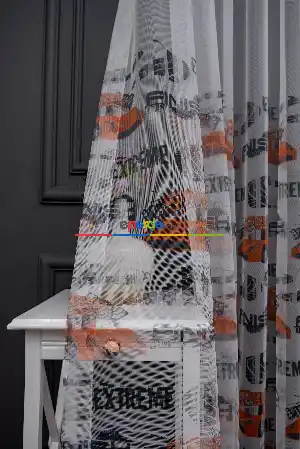 Hazır Ölçülü Petek Zemin Kırmızı Renkli Araba Desenli Grek Baskılı Tül Perde