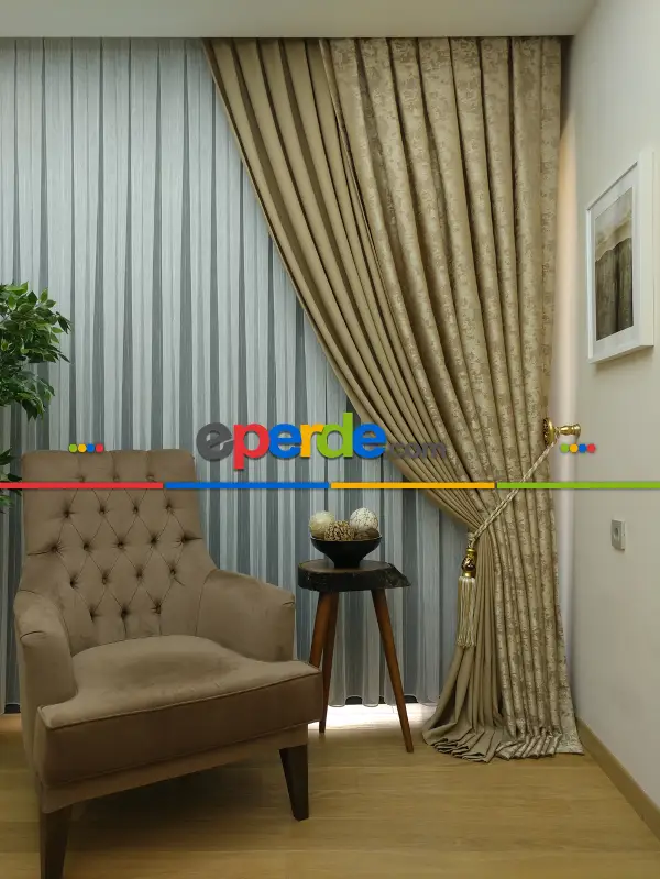 Patine Desenli Açık Kahve Renk Kombinli Desenli Fon Perde- Kahve Açık