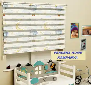 Bulut Desenli Zebra Perde- Beyaz