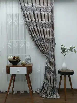 Salon Fon Perde - Fon Perde - Gri Rengi - Damask Desenli- Gri-Füme-Antrasit