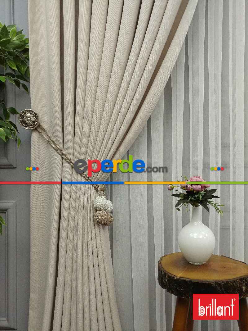 Brillant Keten Krem Açık Renk Düz Fon Perde - Krem Açık