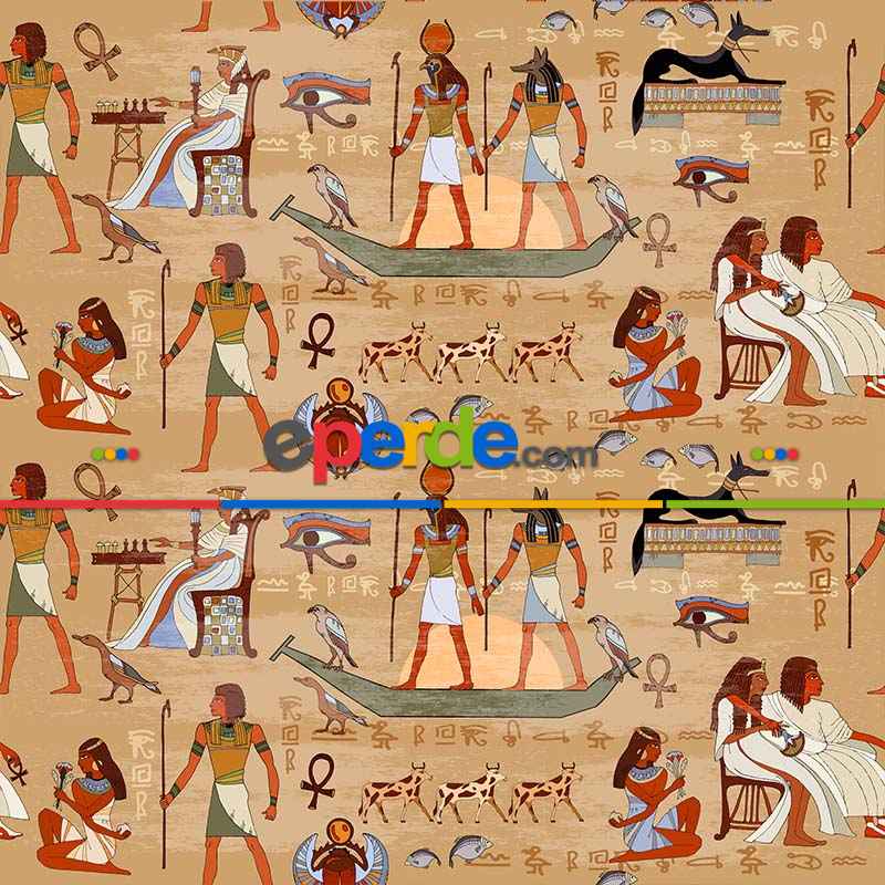Antik Mısır Papirüs Desenli Fon Perde Evm593 Kumaşı Kalındır Duck Bezi Değildir- Siyah-Mavi-Beyaz