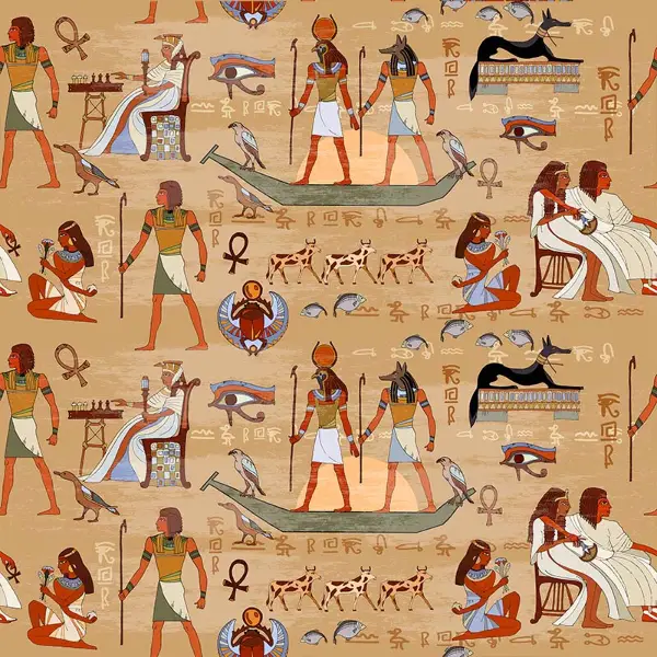 Antik Mısır Papirüs Desenli Fon Perde Evm593 Kumaşı Kalındır Duck Bezi Değildir- Siyah-Mavi-Beyaz