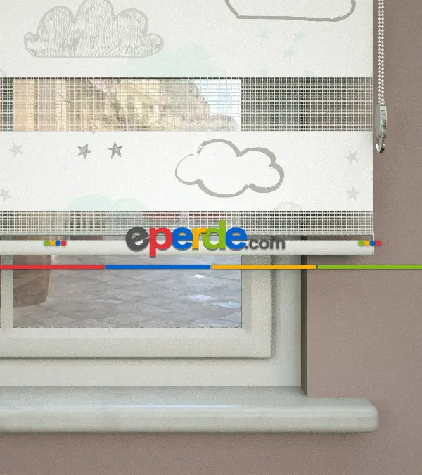 Bulut Desenli Baskılı Zebra Perde- Çok Renkli