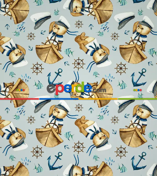 Kaptan Köpekçik Baskılı Stor Perde- Mavi-beyaz-kahve