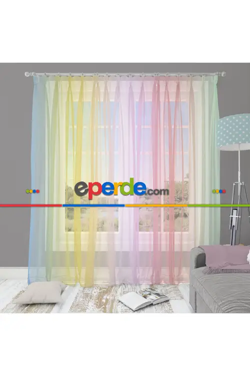Rainbow Gökkuşağı Desen Geçişli Keten Görünümlü Baskılı Tül Perde