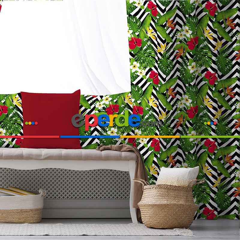 Yaprak Desenli Fon Perde Evim K-520 Kumaşı Kalındır Duck Bezi Değildir