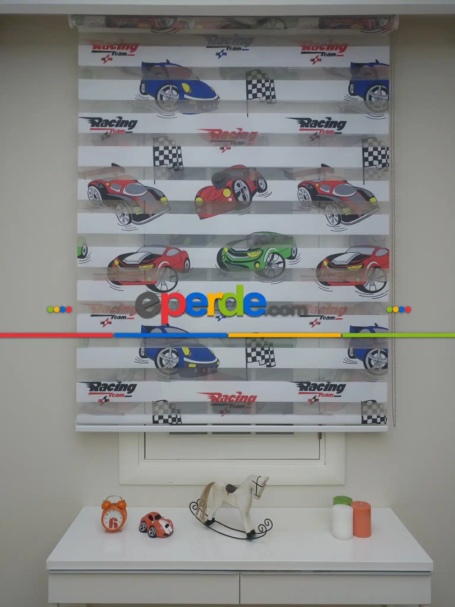 Bebek Odası Zebra Perde - Zebra Perde Racing- Mavi