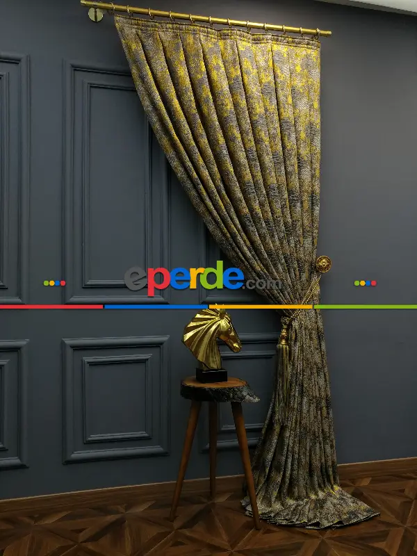 Yatak Odası - PatineDesenli Modern Desenli Jakarlı Fon Perde Yeni Seri 401- Gri-füme-antrasit-füme-altın