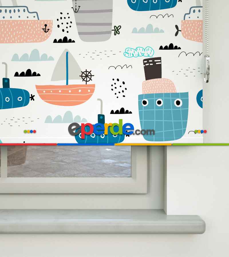 Bebek Odası - Denizci Desenli Baskılı Stor Perde- Çok Renkli