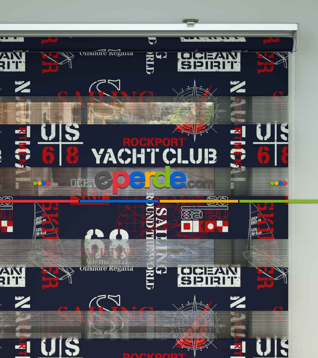 Çocuk Odası Zebra Perde - Denizci Desen Baskılı Zebra Perde- Lacivert-Kırmızı