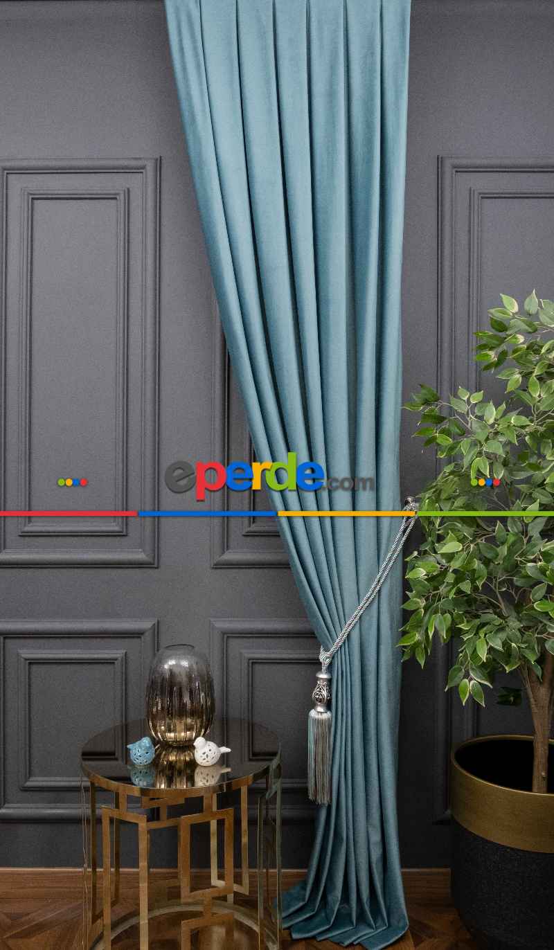 Yatak Odası - İthal Kadife Fon Perdelik Geniş Enli ( Turkuaz)