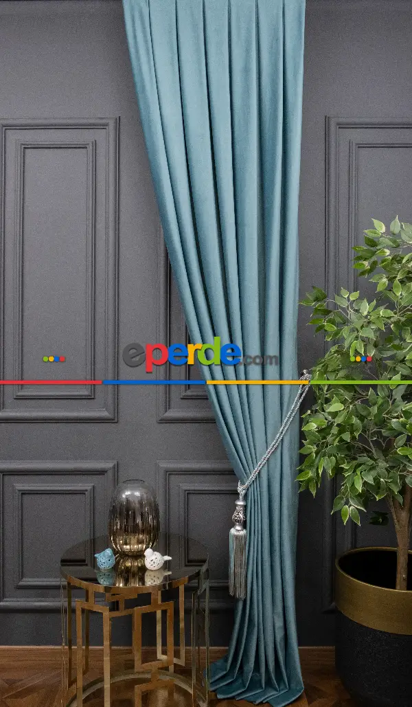 Yatak Odası - İthal Kadife Fon Perdelik Geniş Enli ( Turkuaz)