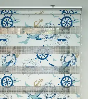 Denizci Desenli Baskılı Zebra Perde- Mavi-çok Renkli-camel