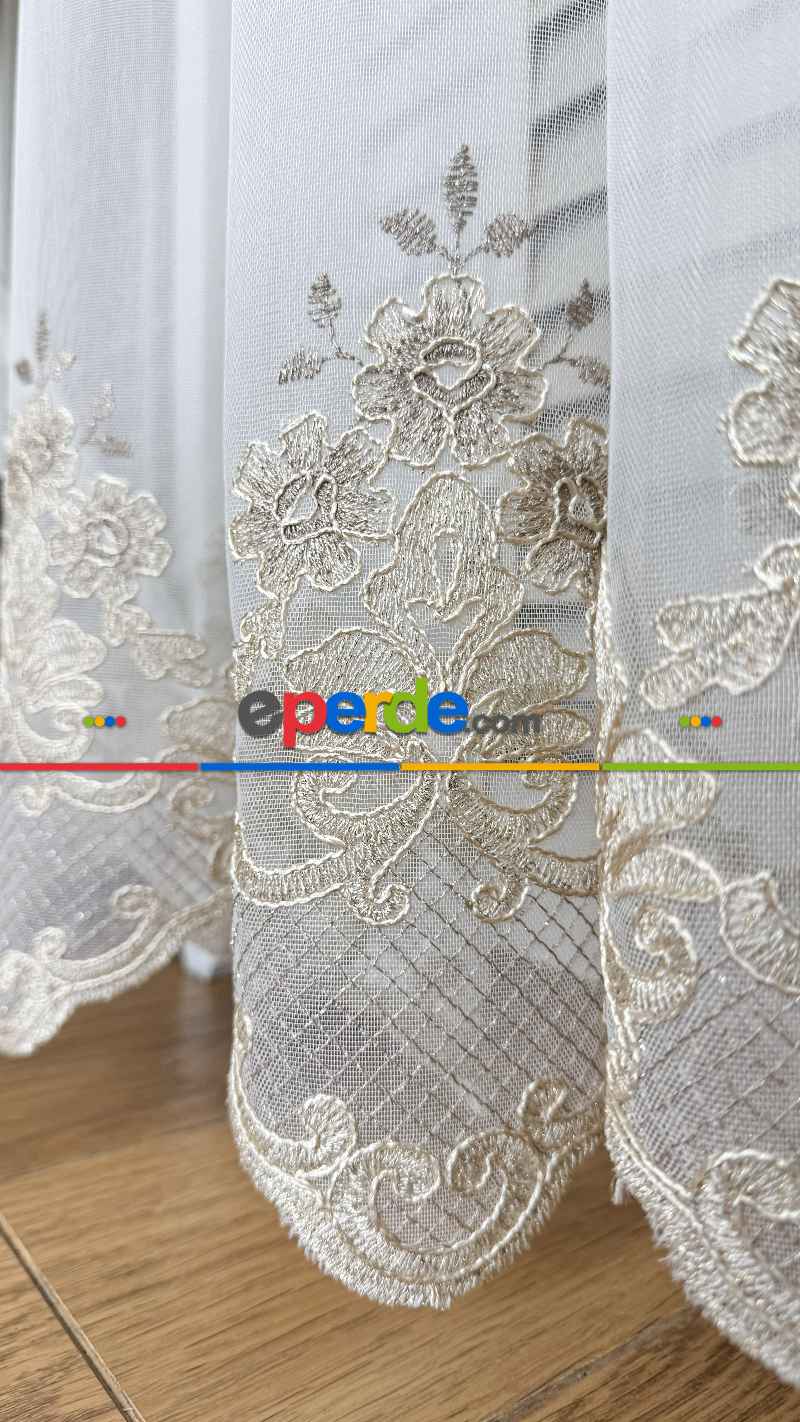 Ekru Altın Özel Dokuma, Özel İplik Brode İşlemeli Tül Perde - Ağır Gramajlı Premium Nakışlı