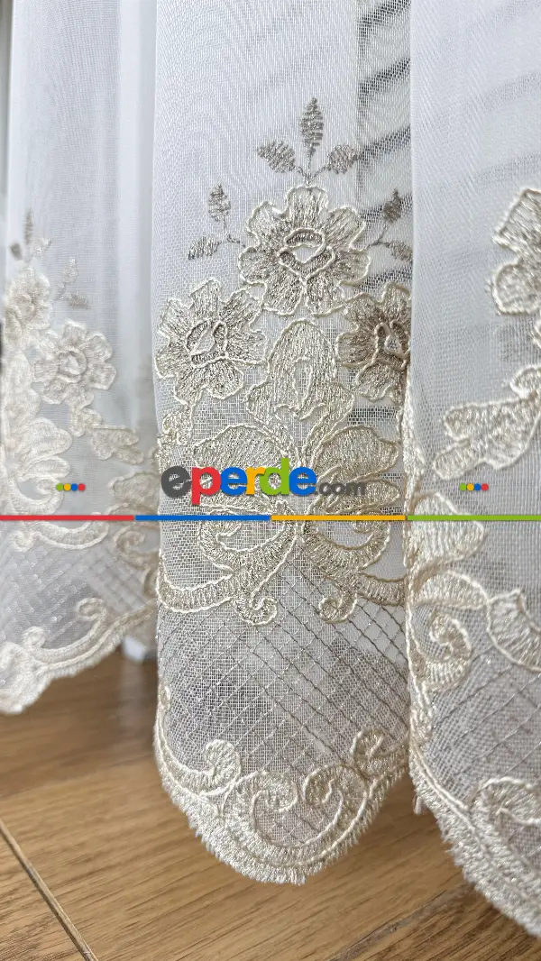 Ekru Altın Özel Dokuma, Özel İplik Brode İşlemeli Tül Perde - Ağır Gramajlı Premium Nakışlı