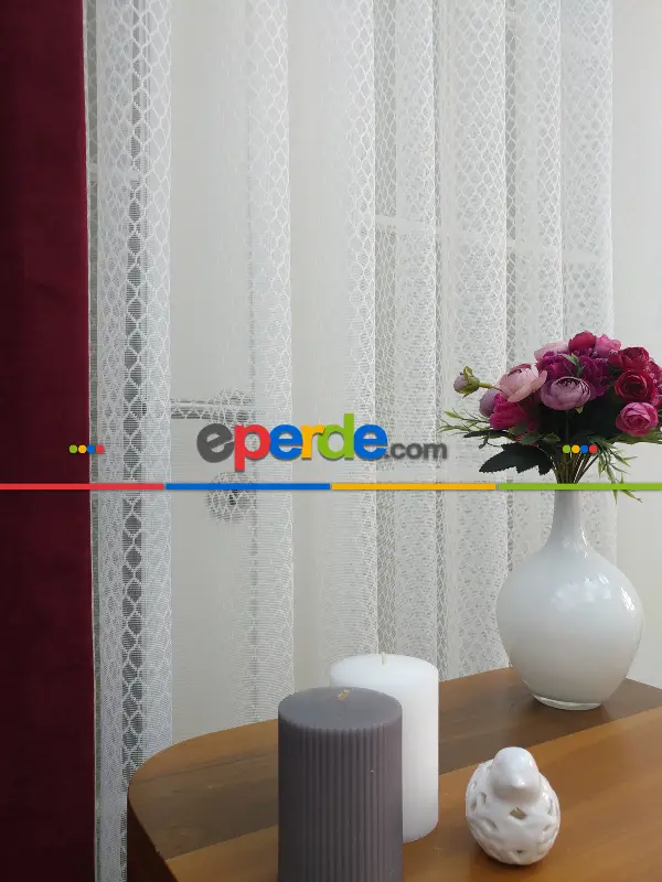 Petek Desenli Tül Perde- Ekru