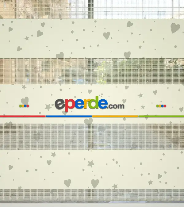 Kalp Desenli Baskılı Zebra Perde- Çok Renkli