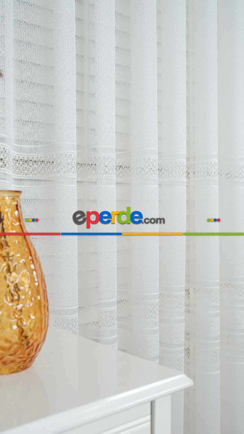 Ekru Enine Bantlı Çizgili Tül Perde, Ağır Gramajlı Premium Seri