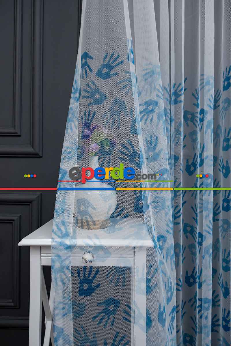 Hazır Ölçülü Petek Zemin Mavi Renkli Boyalı El Desenli Grek Baskılı Tül Perde 190cm X 255cm 