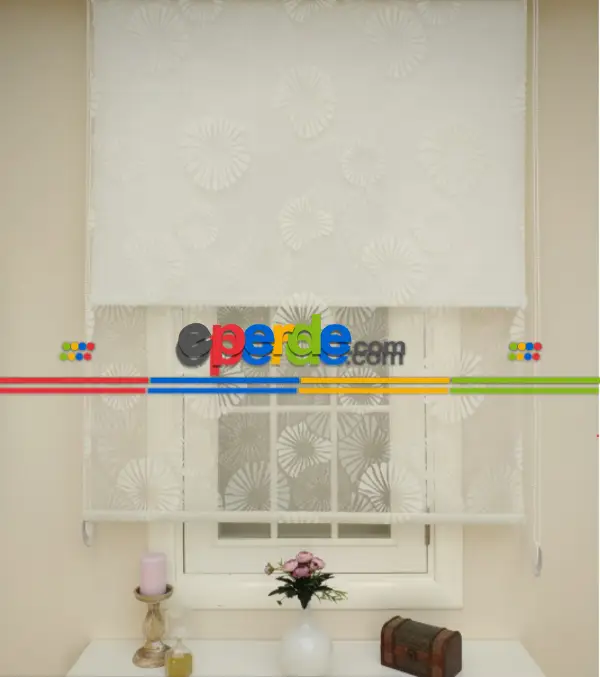 Çiftli Sistem Tül Perde Pervane Desen Beyaz