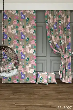 Dökümlü Kumaştan Bahar Çiçekleri Baskılı Fon Perde- Yeşil-pembe-mor-vizon Rengi