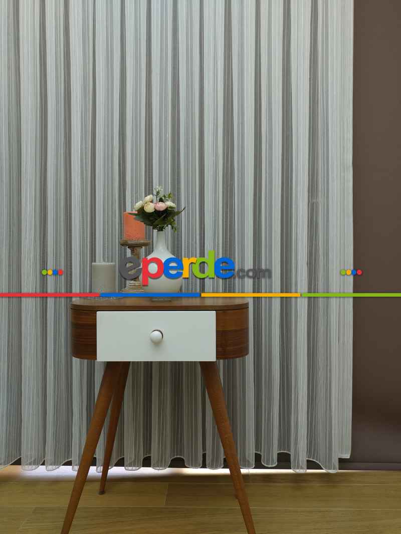 Boyuna Zincir Desenli Düz Tül Perde- Ekru - Kurşunlu Tül