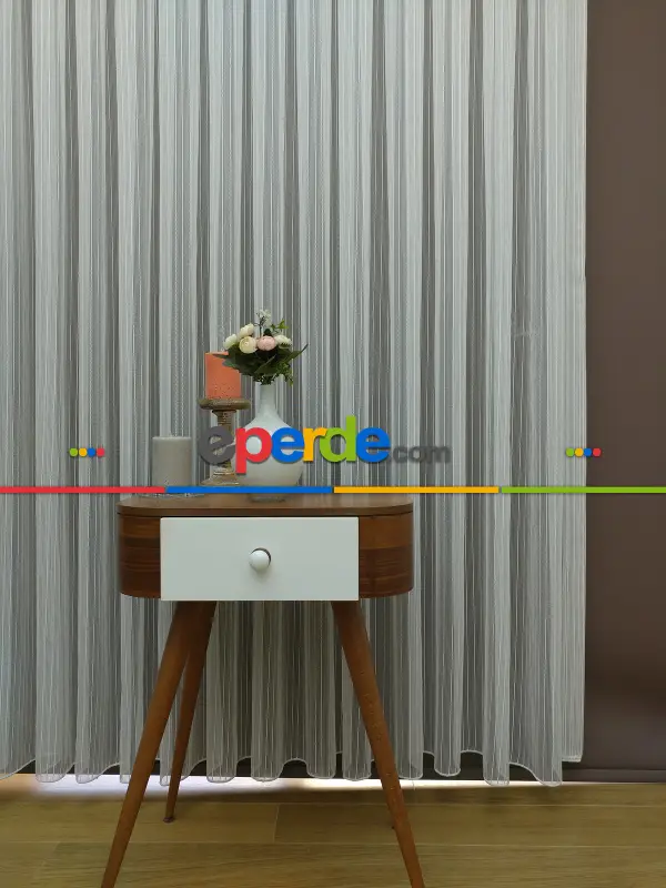 Salon Tül Perde - Boyuna Zincir Desenli Düz Tül Perde- Ekru