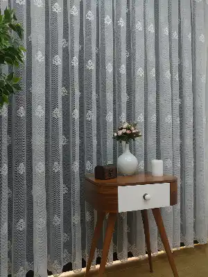 ( Orjinal ) Kdk Damask Serpme Desenli Salon Fransız Dantel Tül Perde & Kruvaze Perde- Ekru