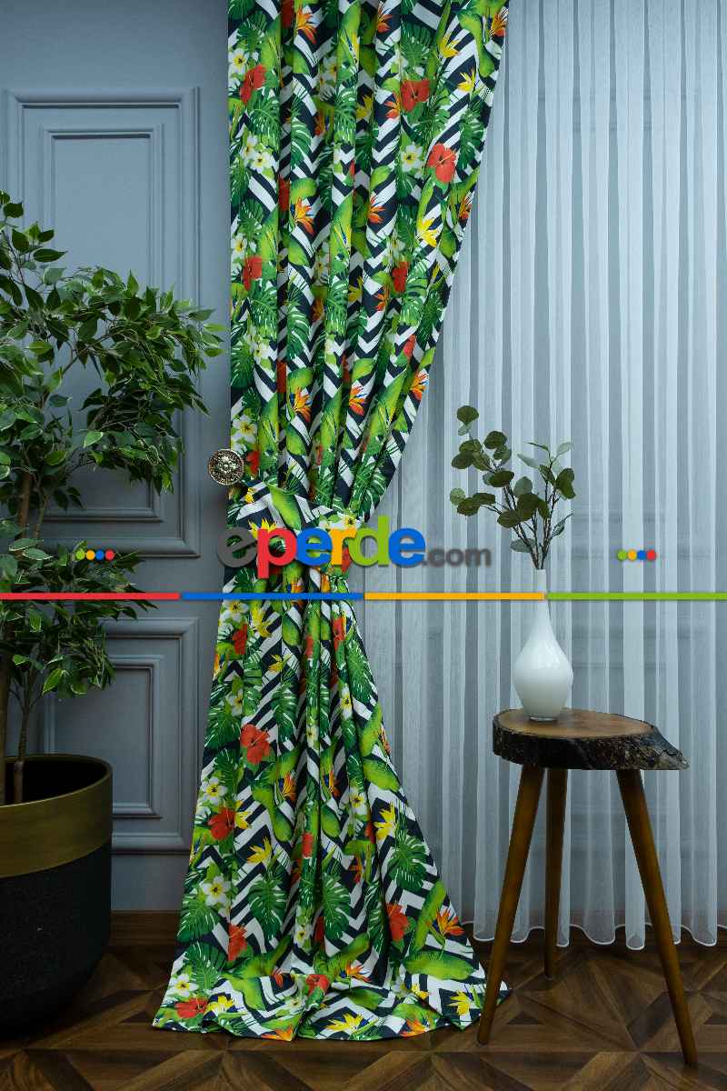 Çiçek Desenli Fon Perde Kumaşı Kalındır Duck Bezi Değildir- Yeşil-Kırmızı-Beyaz