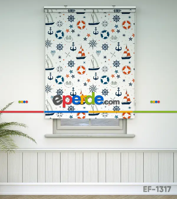 Bebek Odası Stor Perde - Denizci Desenli Baskılı Stor Perde- Lacivert-Kırmızı-Ekru