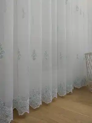 Etek Ucu Koordeneli Nakışlı Tül Perde- Mavi Açık-ekru
