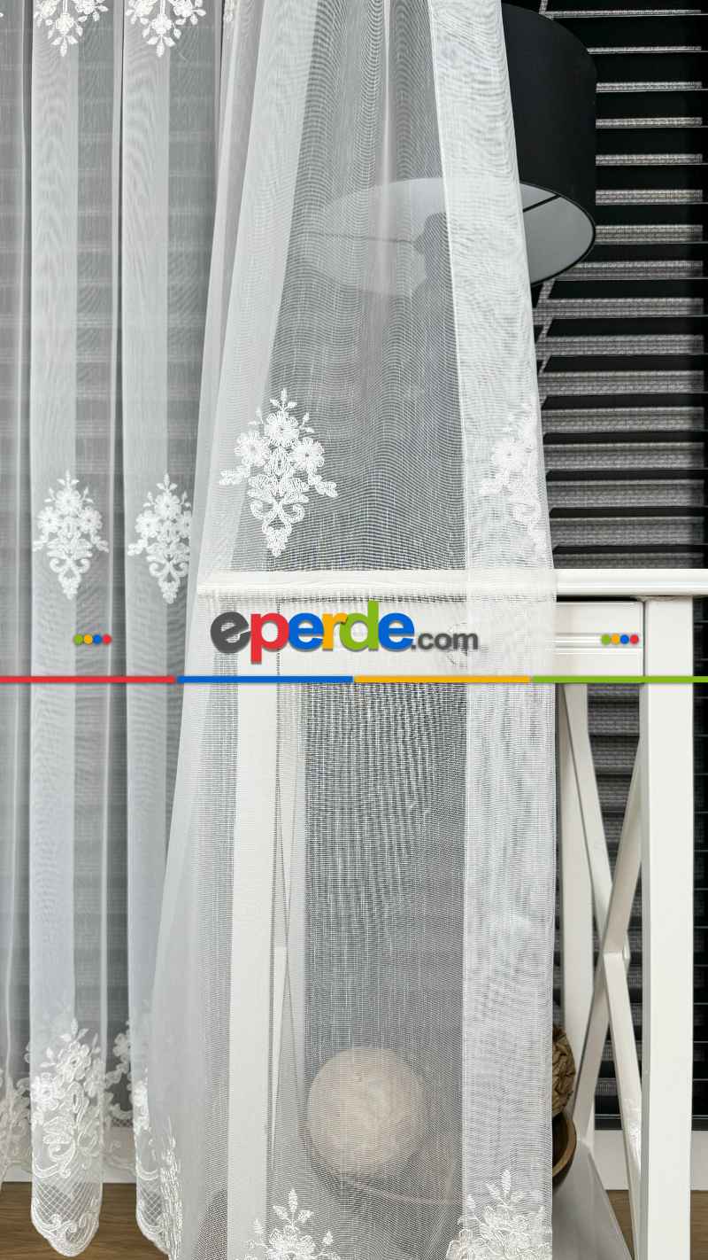 Ekru Özel Dokuma, Özel İplik Hafif Simli Brode İşlemeli Tül Perde - Ağır Gramajlı Premium Nakışlı