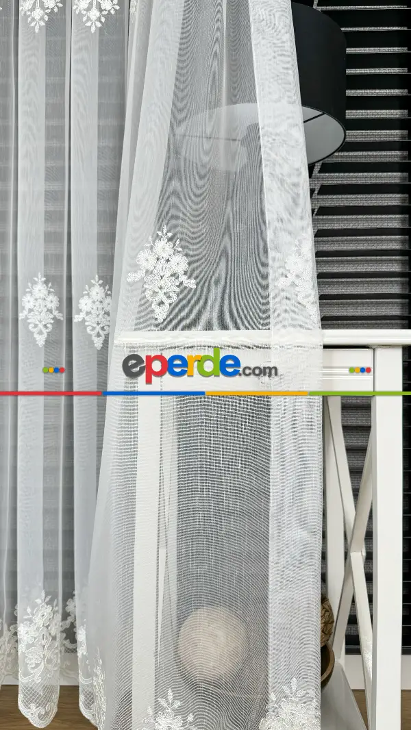 Ekru Özel Dokuma, Özel İplik Hafif Simli Brode İşlemeli Tül Perde - Ağır Gramajlı Premium Nakışlı