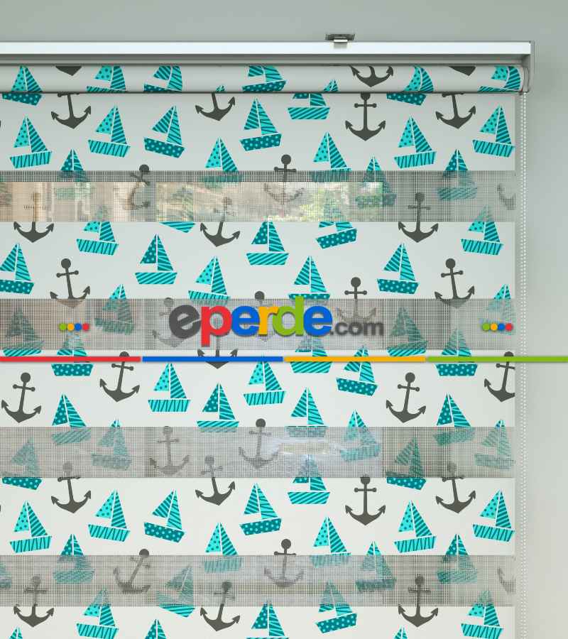 Bebek Odası Zebra Perde - Çapa Ve Gemi Desen Baskılı Zebra Perde- Yeşil