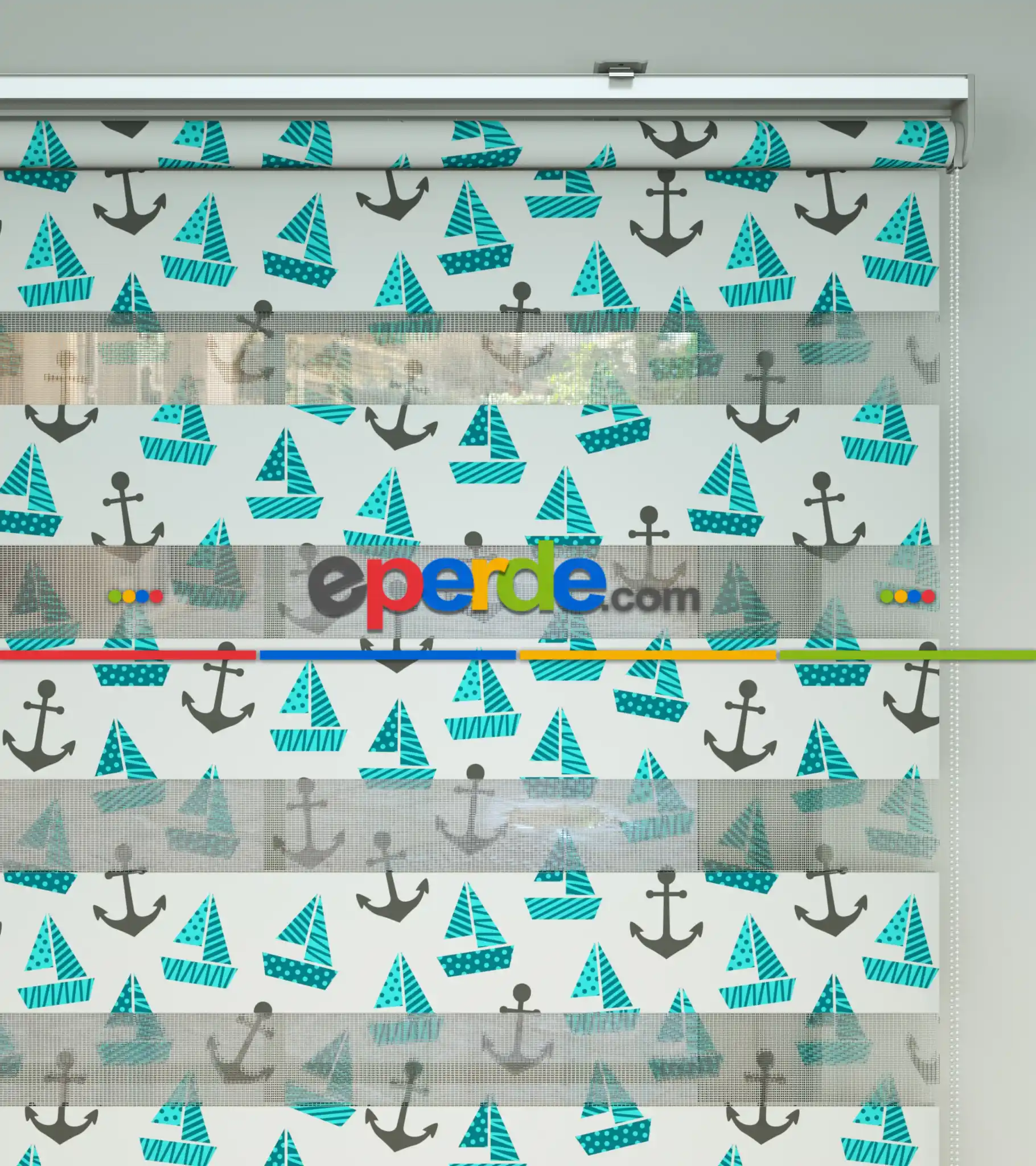 Bebek Odası Zebra Perde - Çapa Ve Gemi Desen Baskılı Zebra Perde- Yeşil